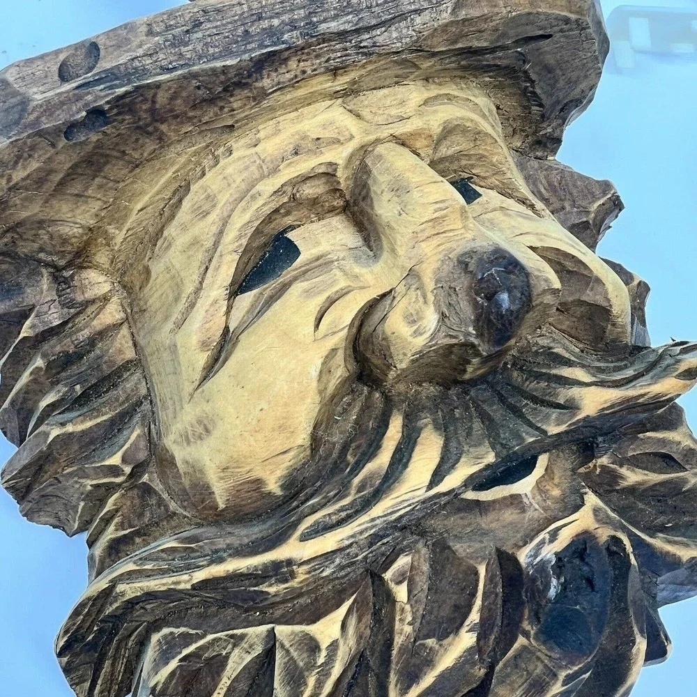 Vintage Artisan Real Wood Hand Carved Old Man Wall Hangings Set of 2 Bearded